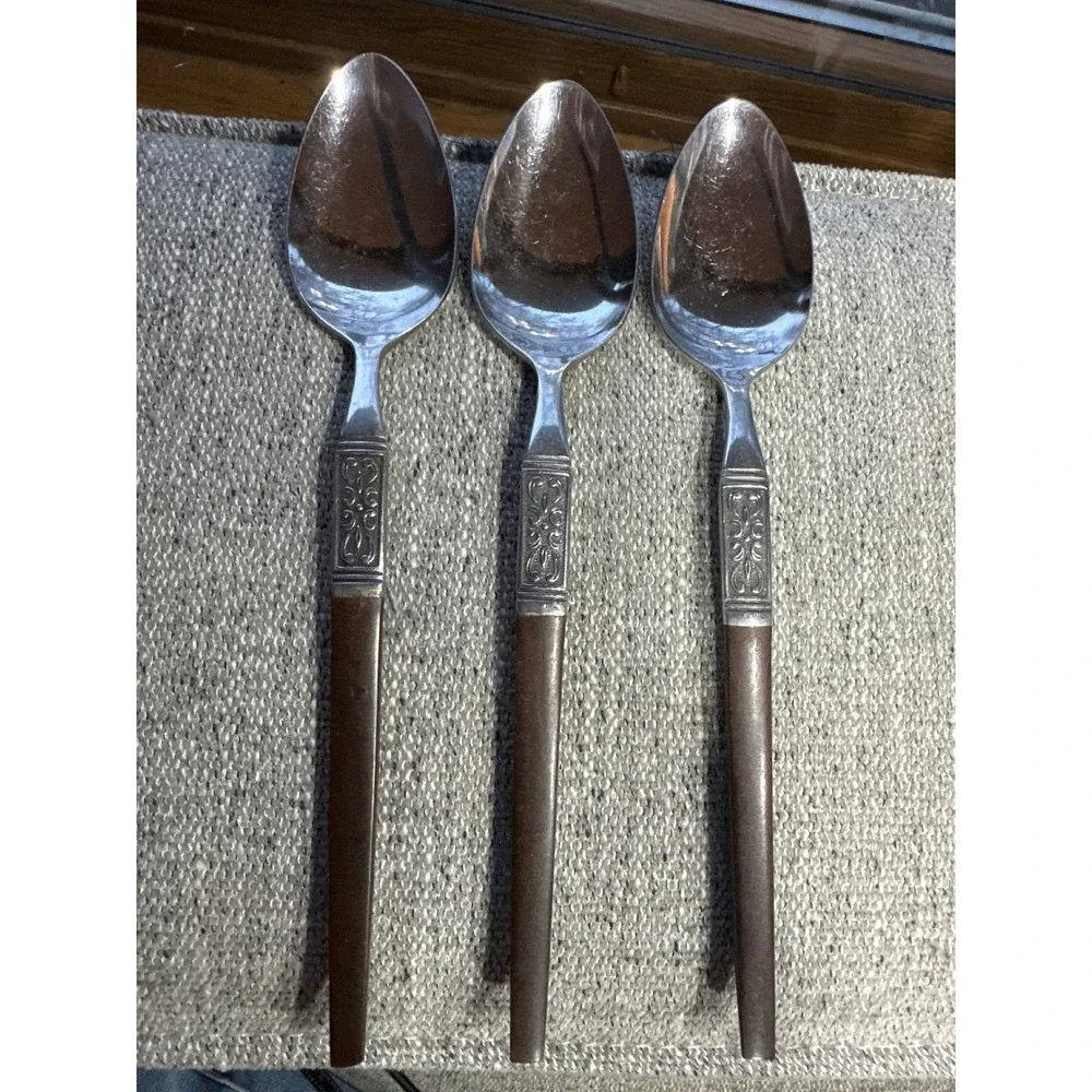 Vintage Interpur Japan Stainless Steel Spoons Brown‎ Faux Wood Set of 3 MCM